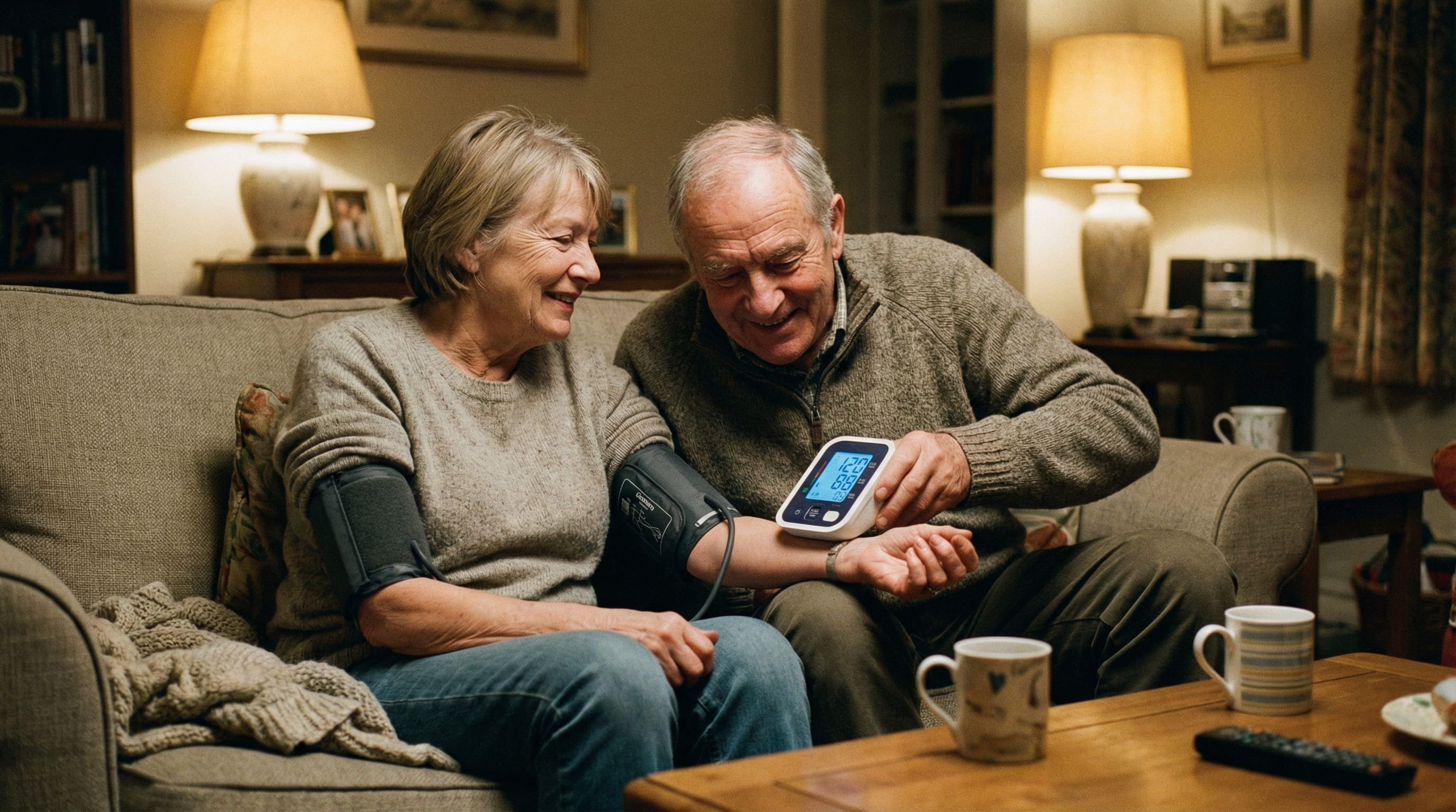 Elderly man alone at kitchen table, staring at a blood pressure monitor showing a dangerously high reading