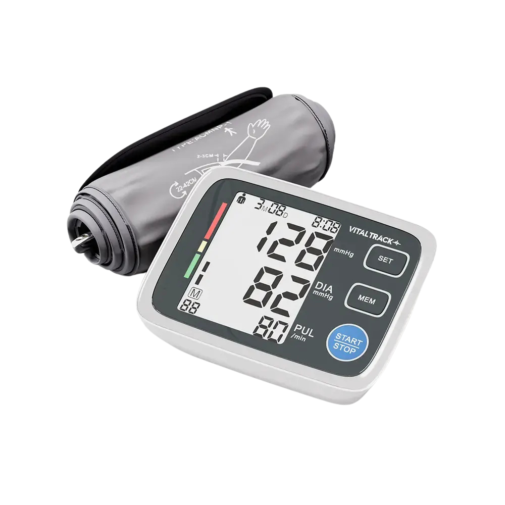 VitalTrack+ blood pressure monitor with arm cuff showing reading of 129/82 with colour-coded health indicator